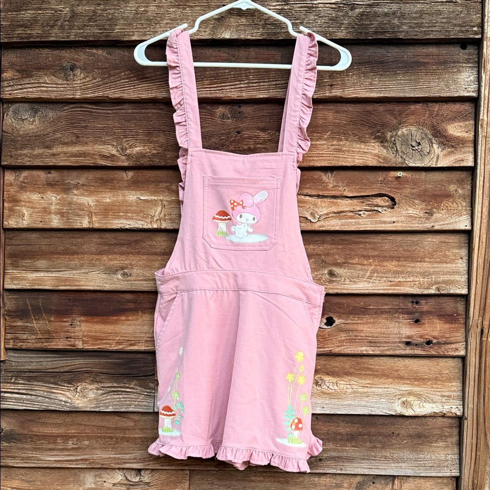 Sanrio my melody  Pink Overalls with Bunny and Mushroom Design